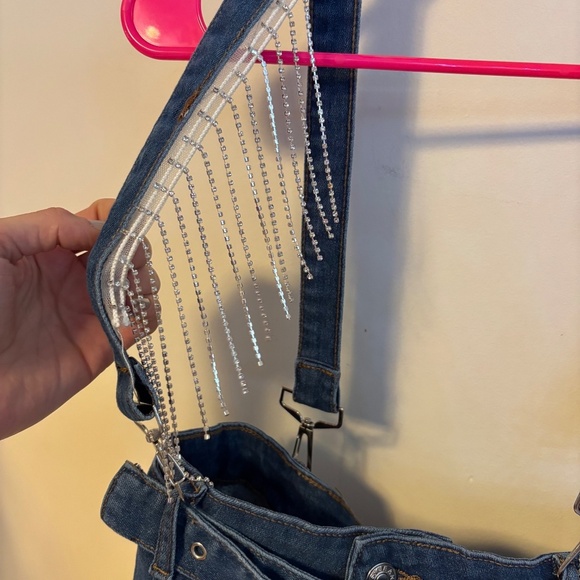 Rhinestone Tassel Cut Off Frayed High Waisted Festival Denim Shorts Blue Size L - Picture 3 of 4